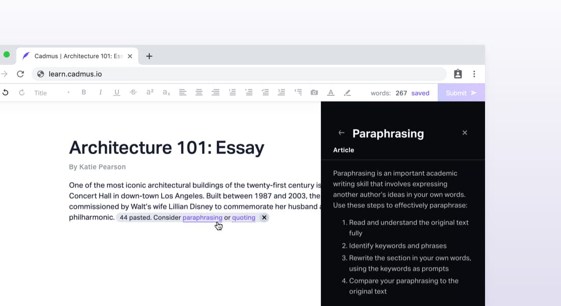 View academic writing tips in Cadmus Manual when you paste in external content