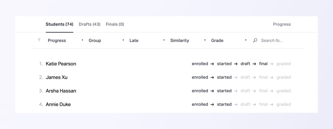 An example of student names being used in the class list