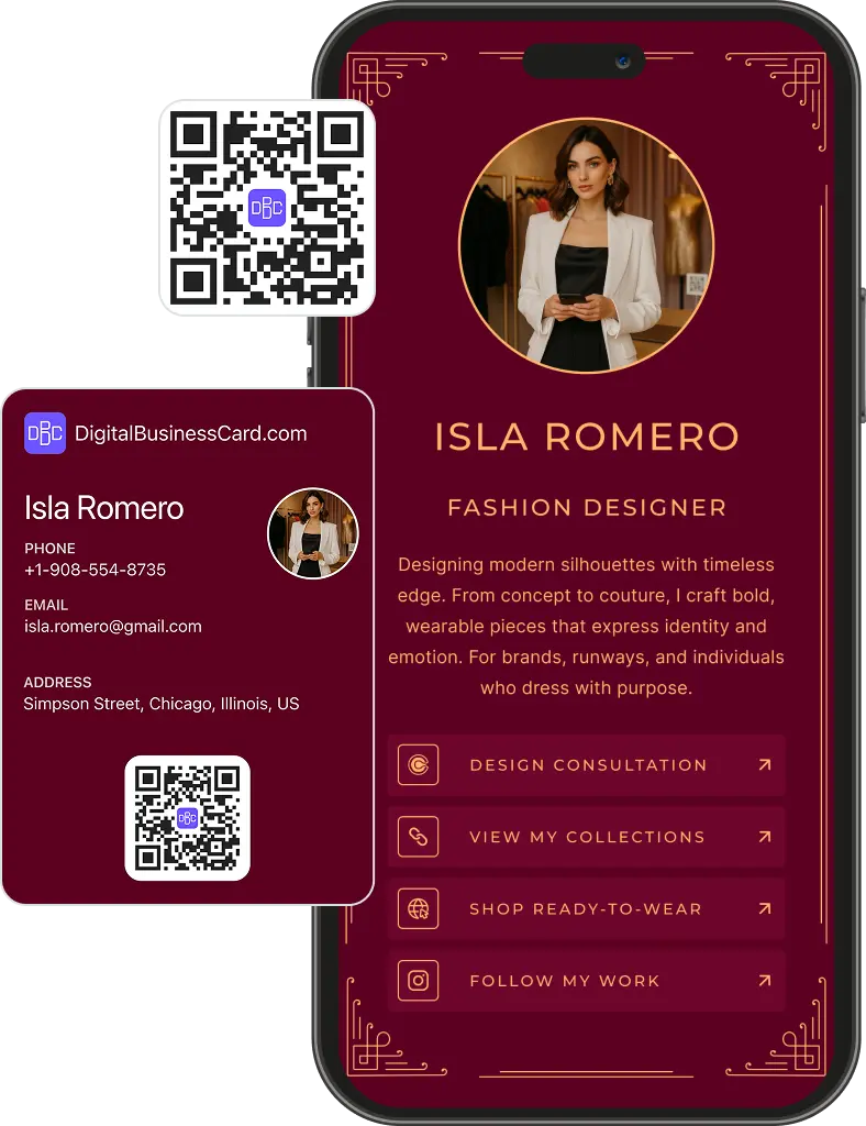 Digital business card for fashion designer Isla Romero with contact info and service links.