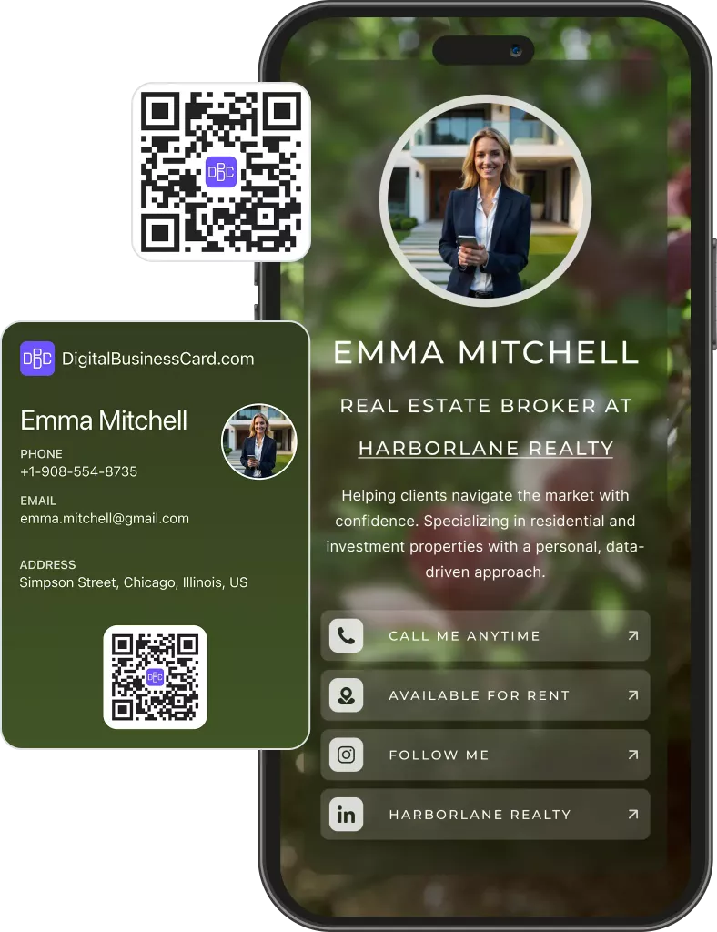 Digital business card preview for real estate agent with featured listings and contact options