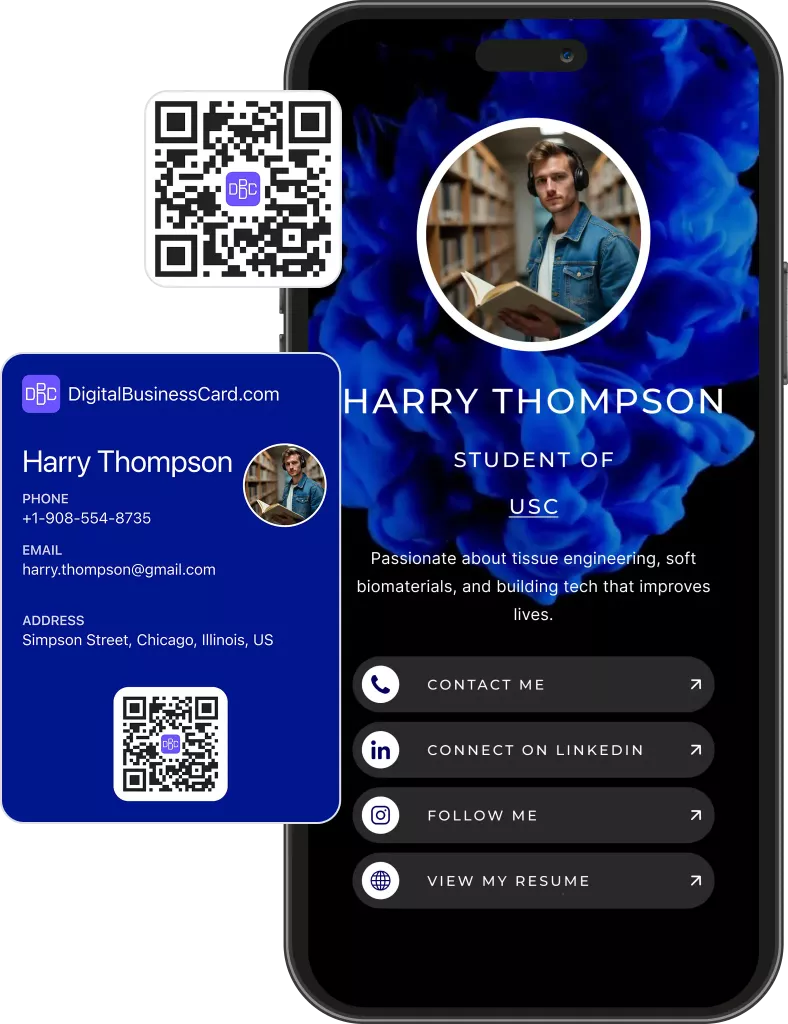 Digital business card preview for student with education background and portfolio links