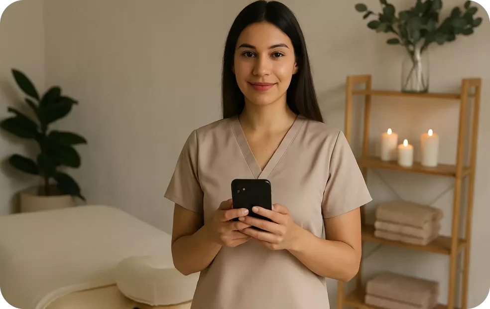 Happy massage therapist is using digital business card app in her office