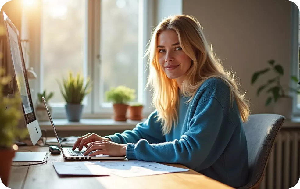 Smiling designer is using digital business card app and doing her job in the office
