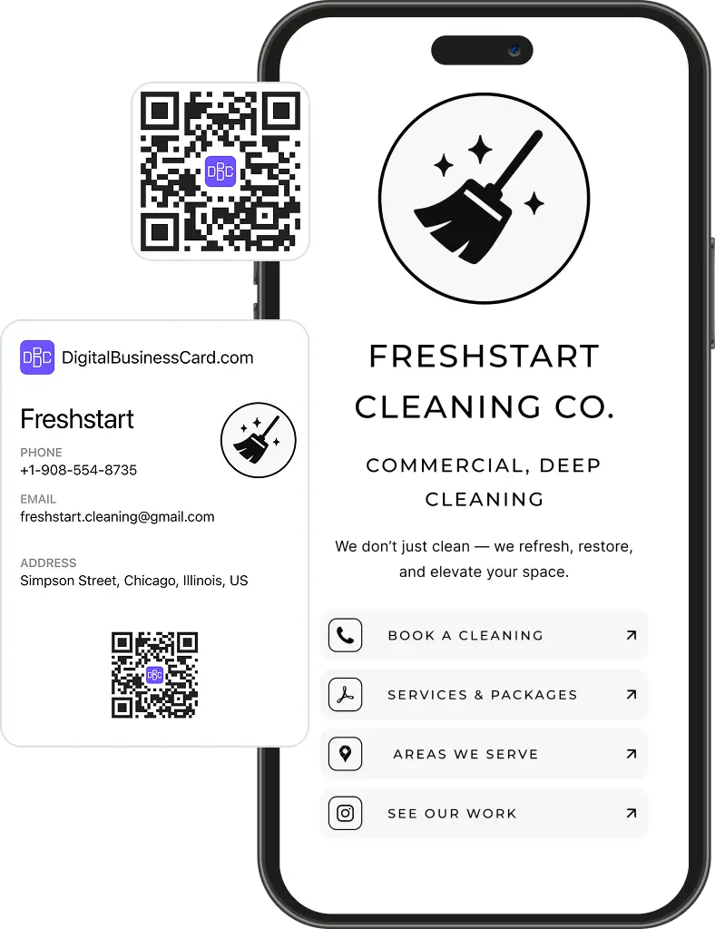 Digital business card for Freshstart cleaning company with contact info, list pof services and portfolio