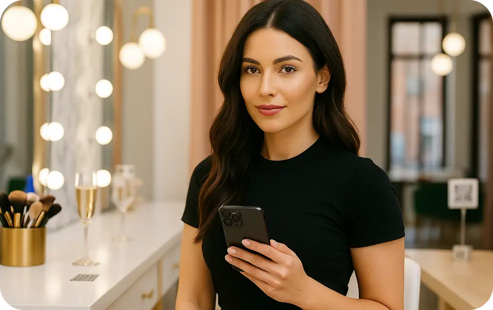 Makeup artist is using digital buisness card app in her makeup saloon and QR of her digital business card is on the table behind her