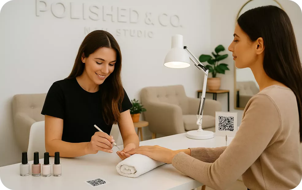 Nail technician giving a manicure at Polished & Co. Nail Studio with a digital business card displayed on the table.