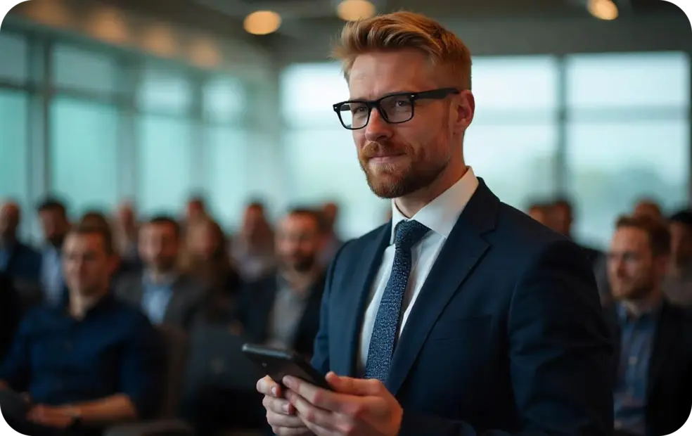 Business owner using digital business card app at business conference