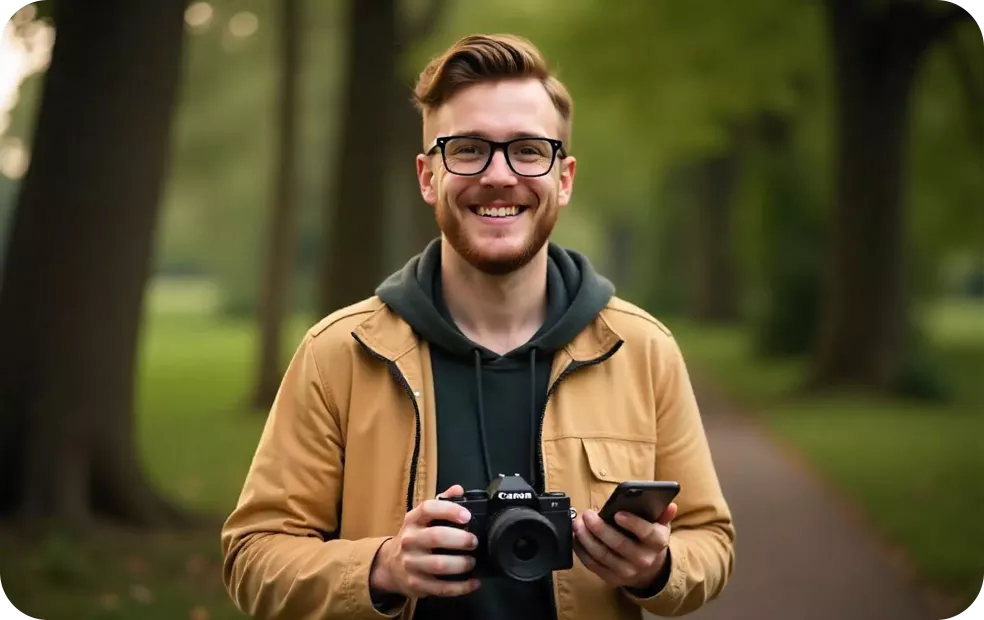 Smiling photographer is using digital business card app at the park