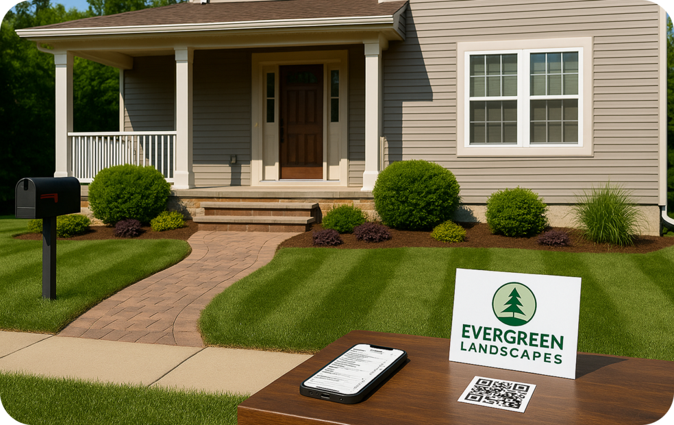 Well-maintained front yard with a digital business card for Evergreen Landscapes, a landscaping company.