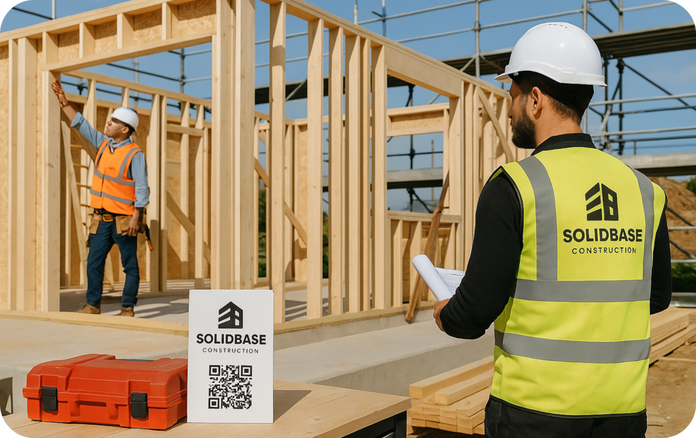 Construction workers on-site with a SOLIDBASE CONSTRUCTION sign featuring a QR code as a digital business card.