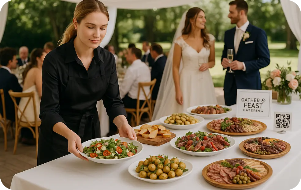Catering staff setting wedding buffet table with Gather & Feast sign and QR code.