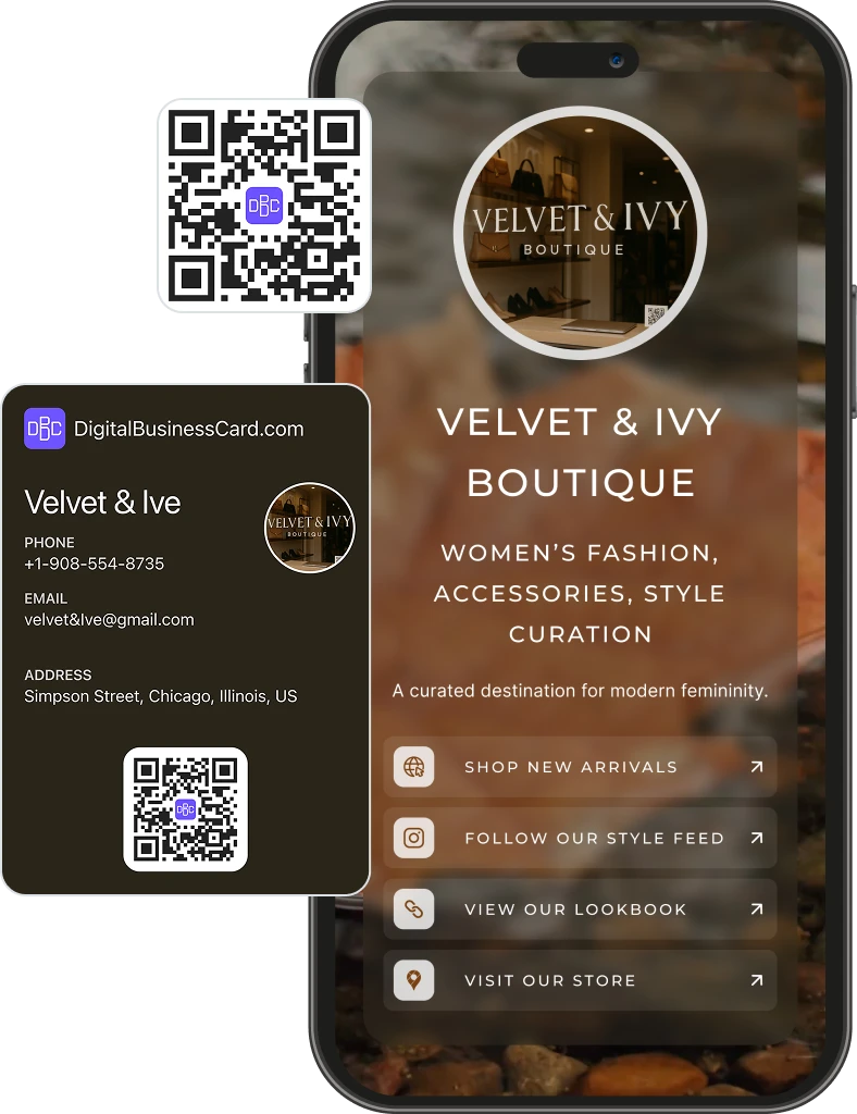 Digital business card for Velvet & Ivy boutique with links to store, style feed, lookbook and location