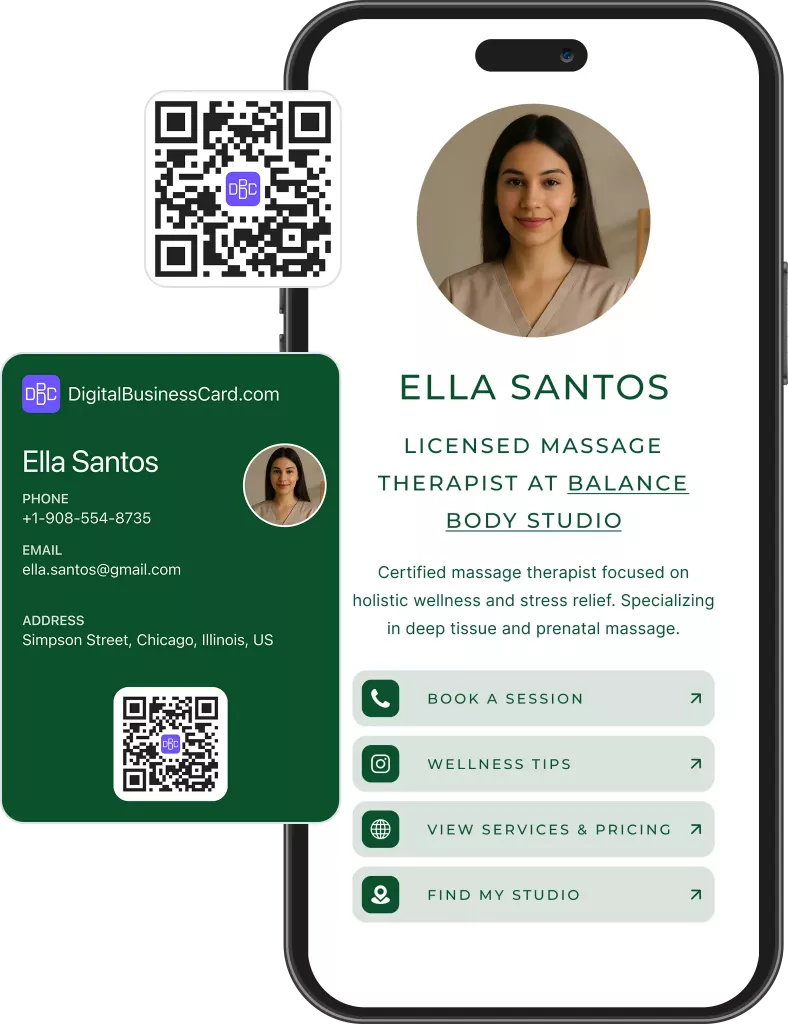 Digital business card preview for massage therapist with service menu and booking calendar