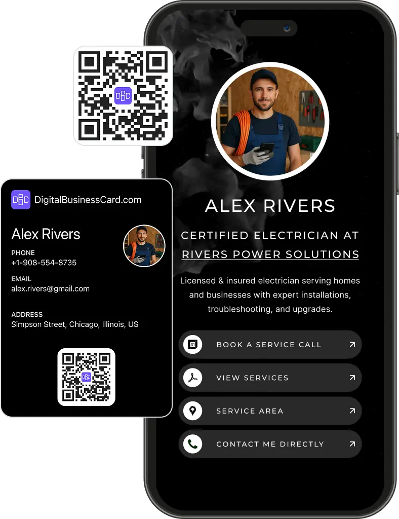 "Digital business card for Alex Rivers, a certified electrician at Rivers Power Solutions. Includes profile photo, contact details, QR codes, and buttons to book a service, view services, check service area, and contact directly."