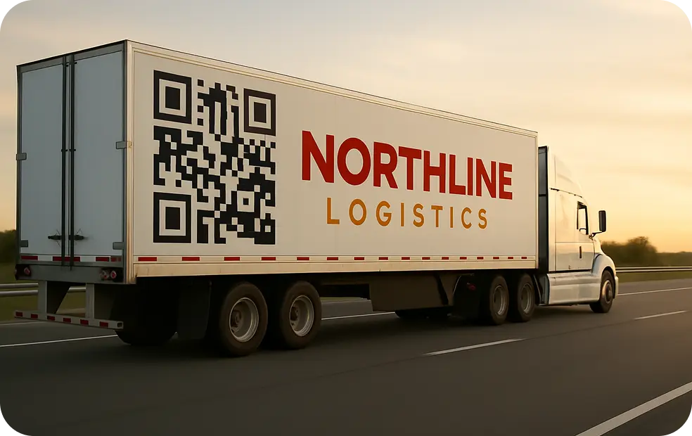 Truck on the highway with Nortline Shipment logo and QR code of its digital business card