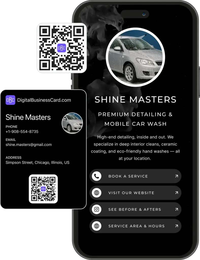 Digital business card preview for car detailing service with package options and before-after images