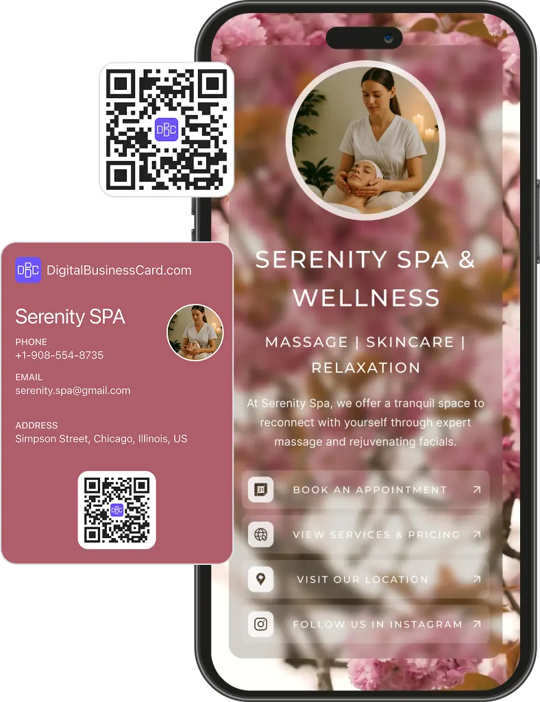 Digital business card for Serenity SPA & wellness with link for book appointmen, contact info, location and Instagram