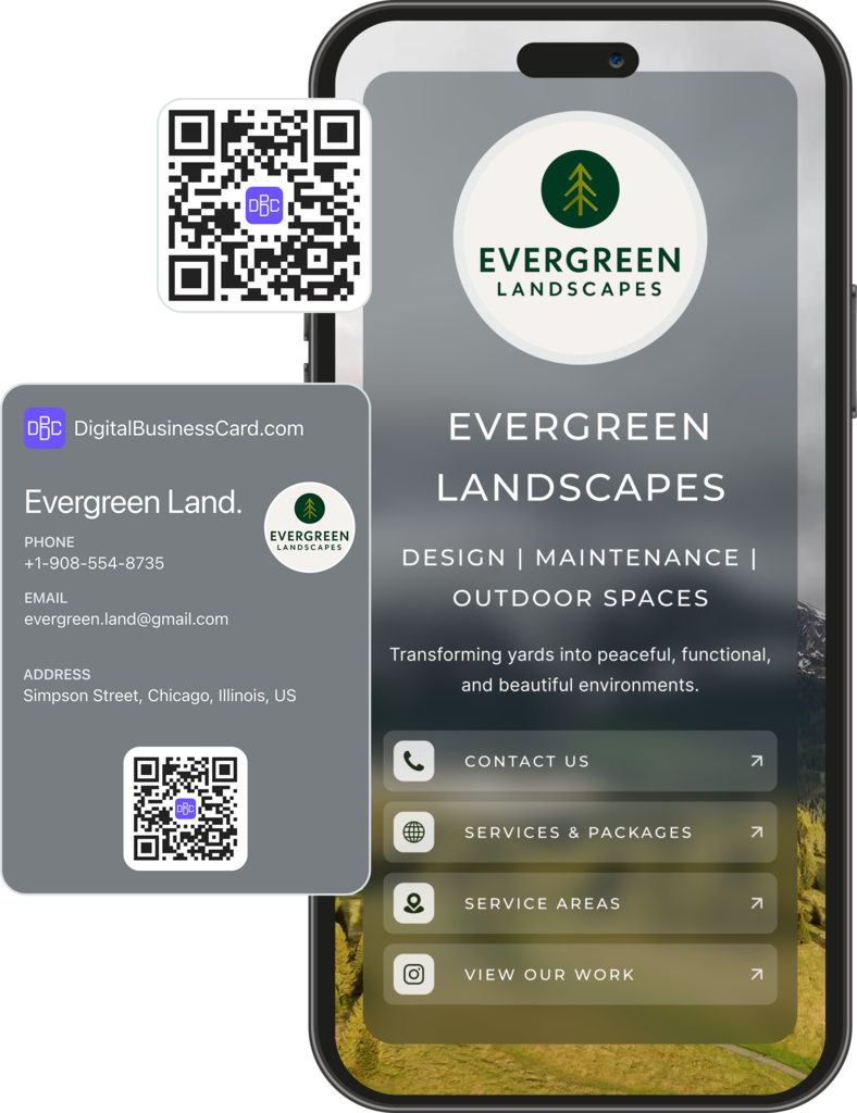 Digital business card preview for landscaping professional with service images and contact links