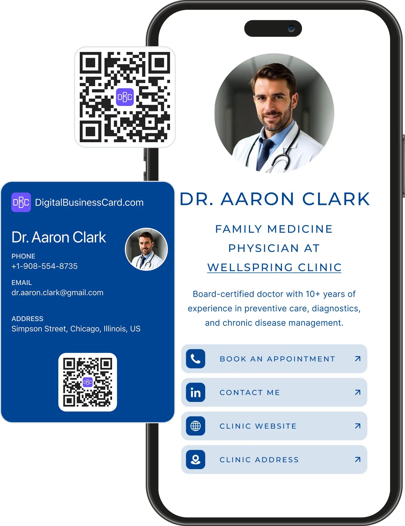 Digital business card preview for medical professional with specialties and appointment scheduling