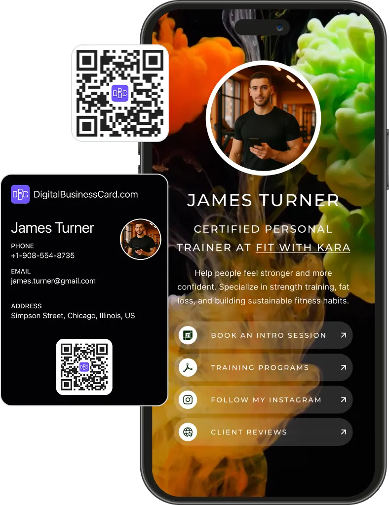 Digital business card for James Turner, Personal Trainer, with contact info, profile photo, QR codes, and links to book a training, view portfolio, programs, and get in touch.