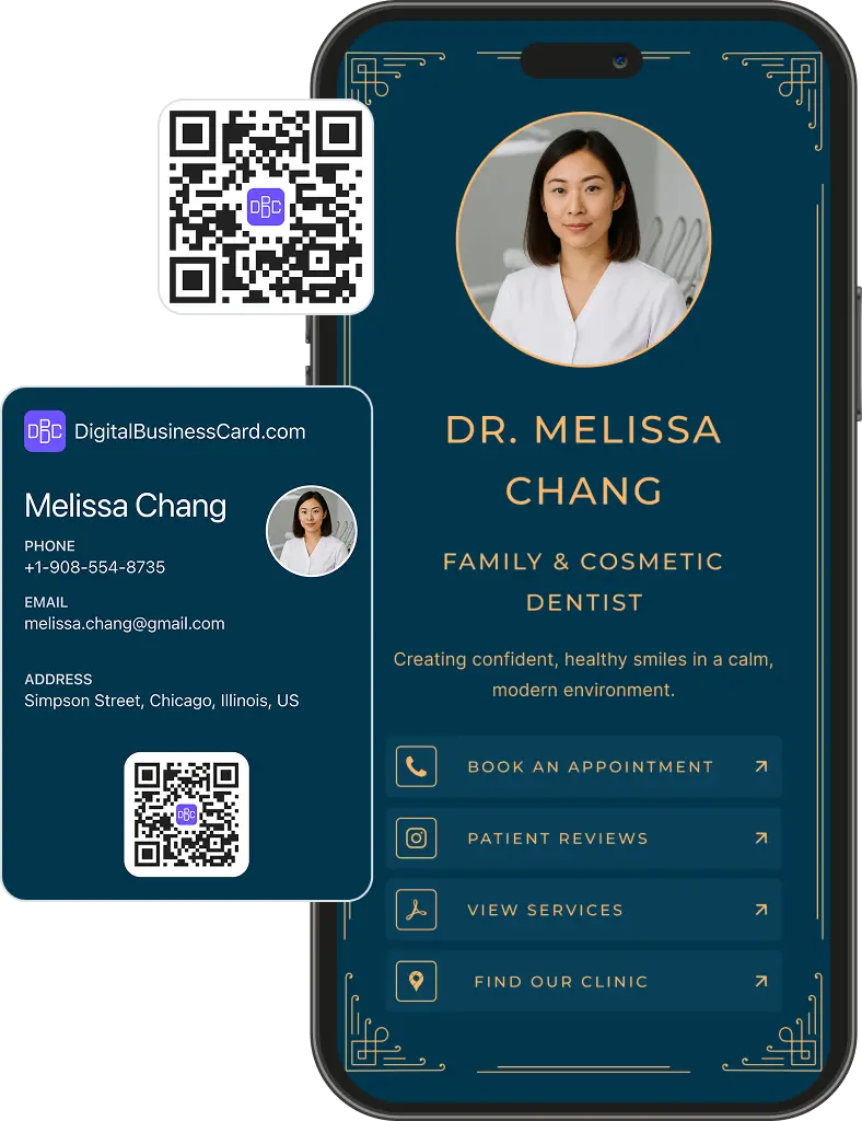 Digital business card for Dentist with links for book an appointment, reviews, services and location