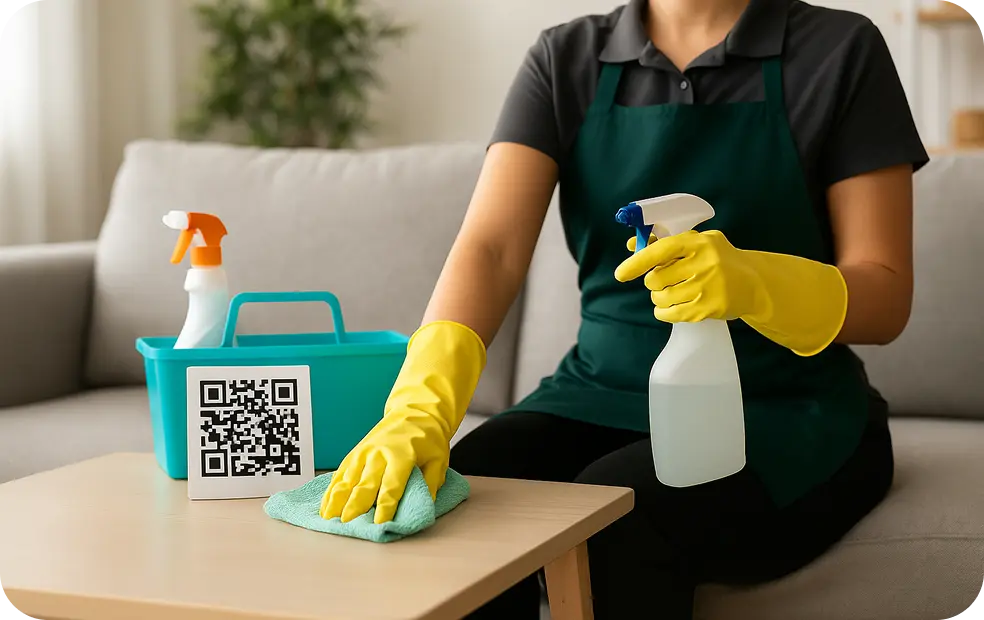 Cleaning staff cleaning the table in clients house, QR code of cleaning company is on the table