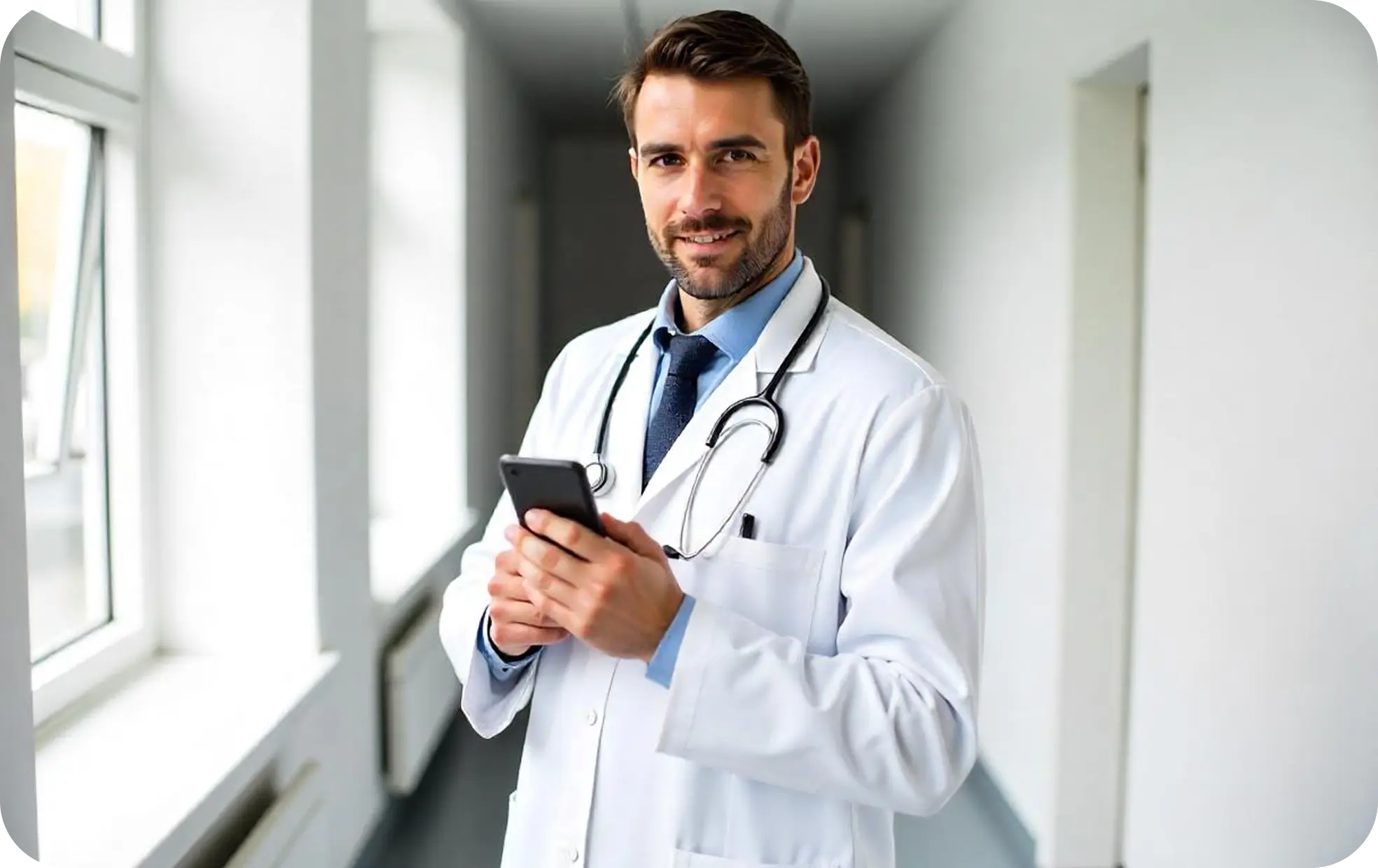 Doctor is using digital business card app at the hospital