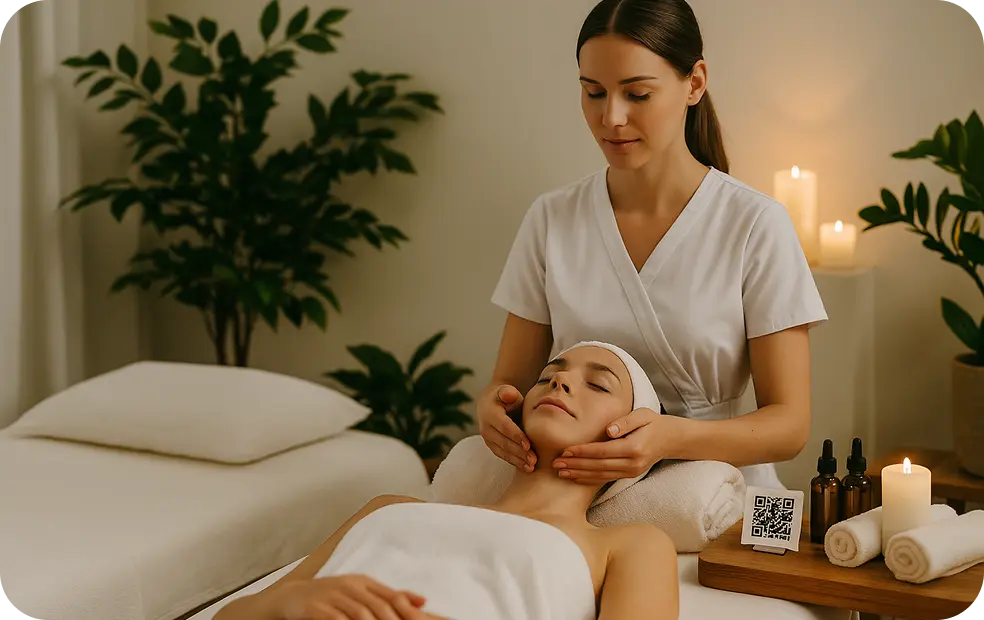 Staff of SPA making procedure for client, small table is nearby and QR of digital business card is on it