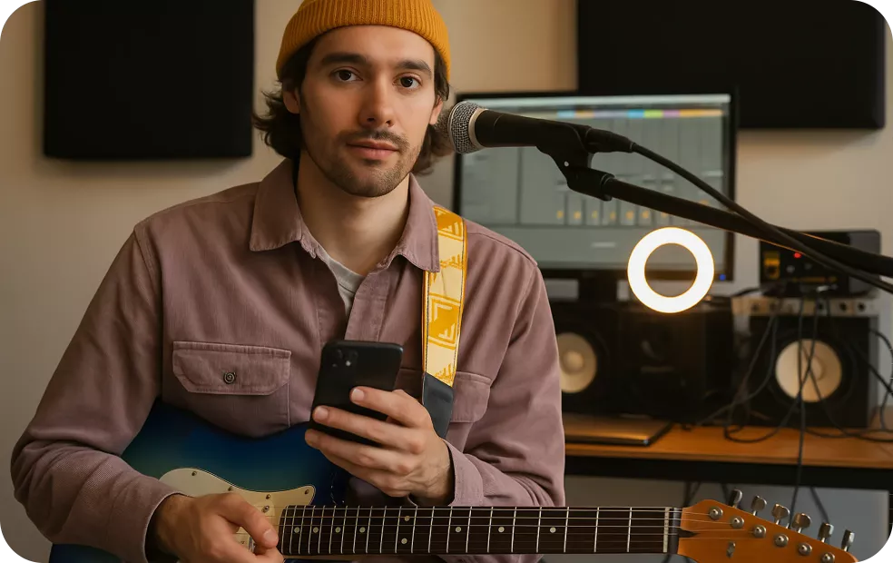 Young musician is using digital business card app at the studio