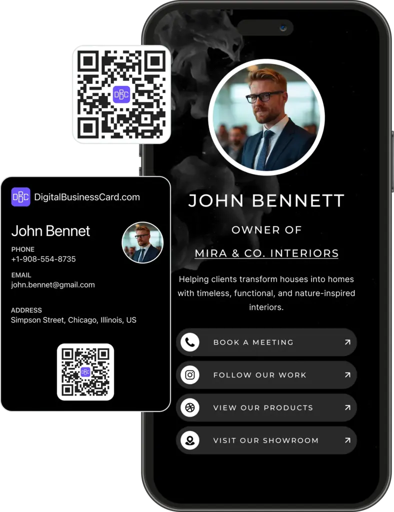 Digital business card preview for entrepreneur or business owner with service overview and social links