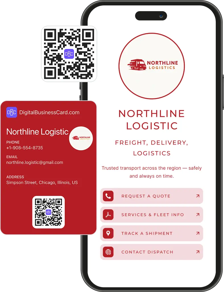 Digital business card for trucking company Northline Logistics with contact info, link for requesting quote, link for tracking a shipment.