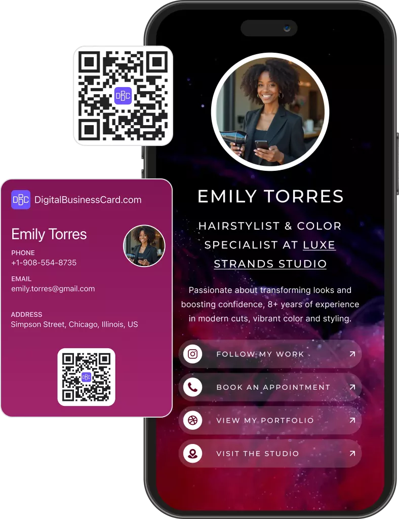 Digital business card preview for hair stylist with hairstyle gallery and booking system