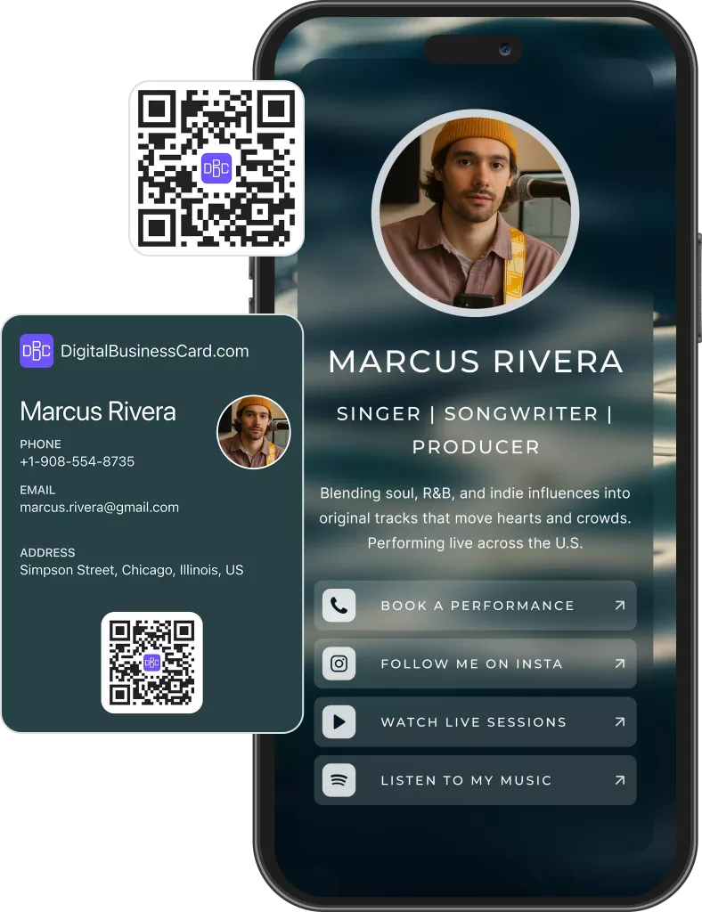 Digital business card preview for musician with music samples and booking links