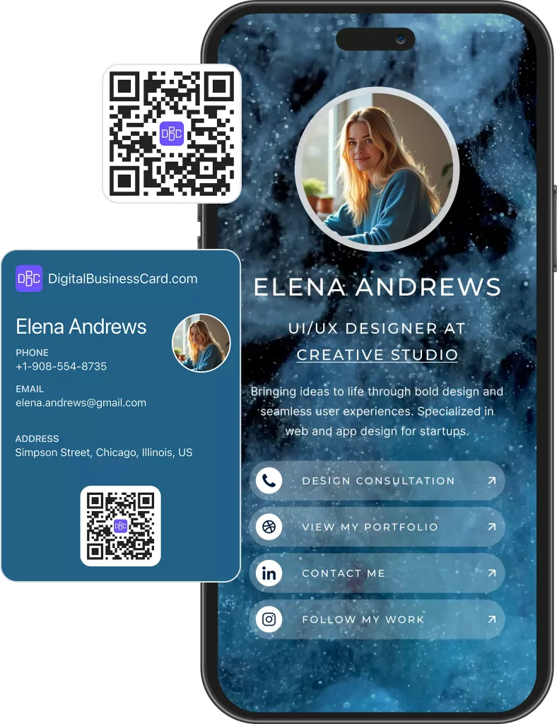 Digital business card preview for graphic or web designer with project samples and contact info