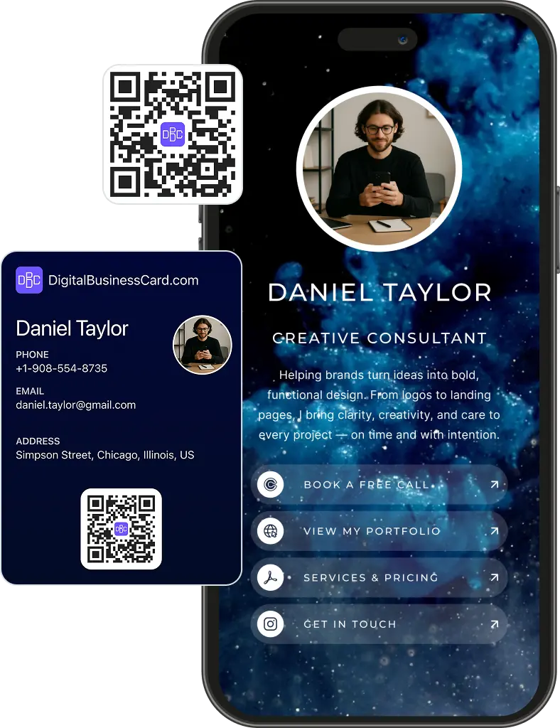 Digital business card for Daniel Taylor, Creative Consultant, with contact info, profile photo, QR codes, and links to book a call, view portfolio, services, and get in touch.