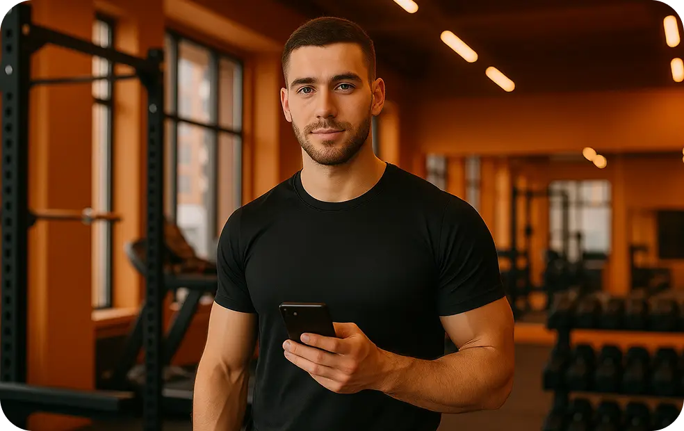 Personal Trainer is using digital business card through his phone in the gym