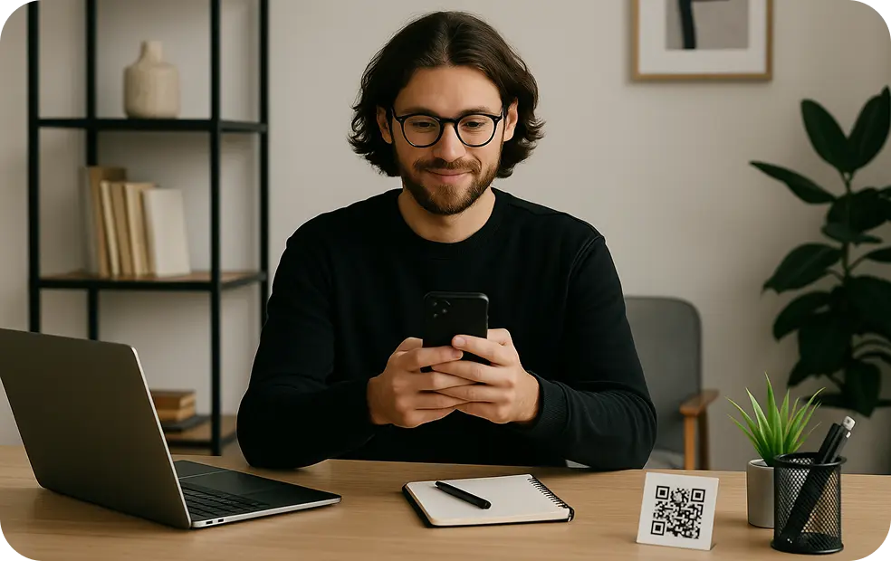 Man with glasses sitting at a desk, smiling at his phone. A laptop, notebook, and QR code card are on the desk, with a plant and shelves in the background.