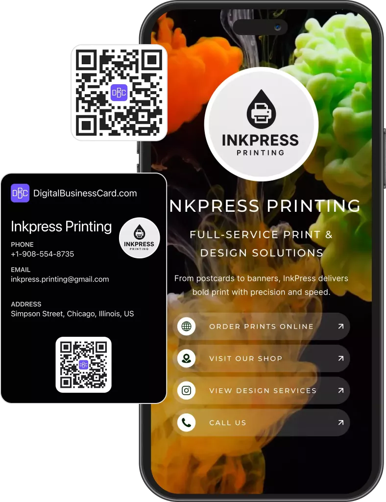 Digital business card preview for printing company with print samples and order details
