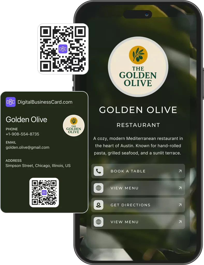 Digital business card preview for restaurant with menu highlights and reservation link