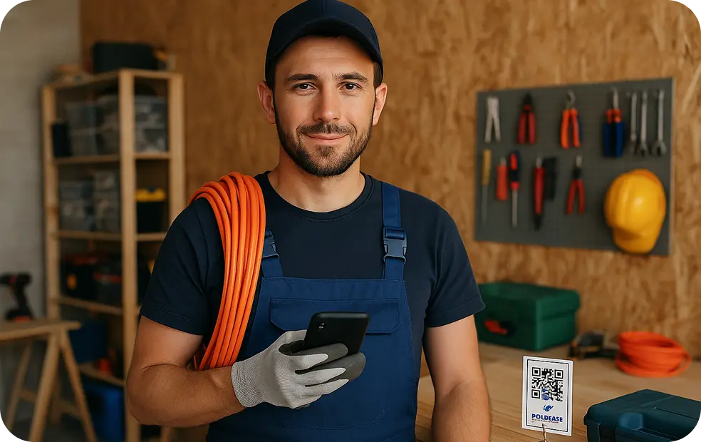 Smiling electrician in his workshop is using digital business card app