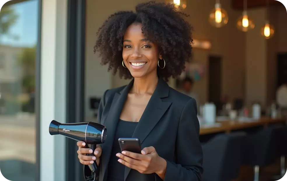 Smiling hair stylist is using digital business card at salon