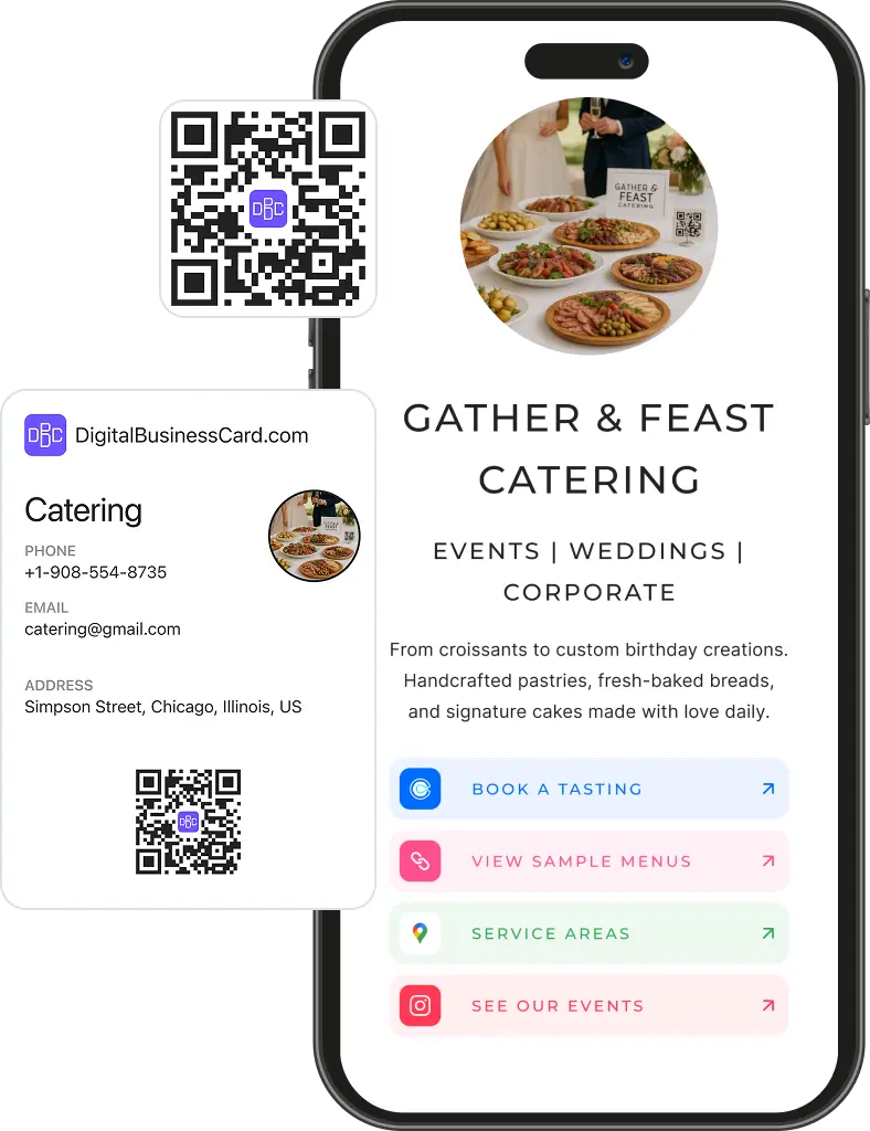 Digital business card for Gather & Feast Catering with QR code and contact links.