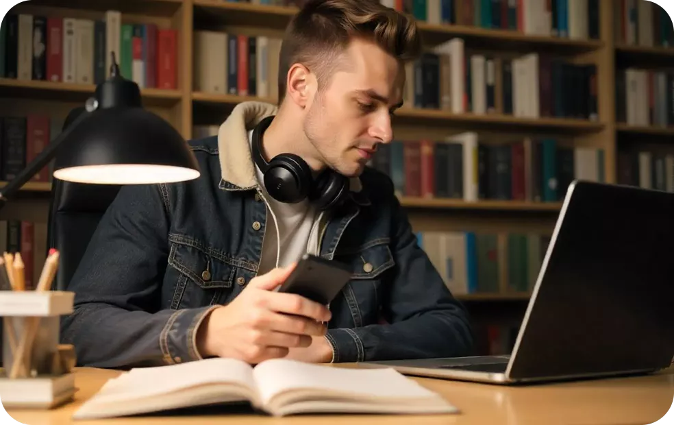 Student is using digital business card app in the library wjile studying