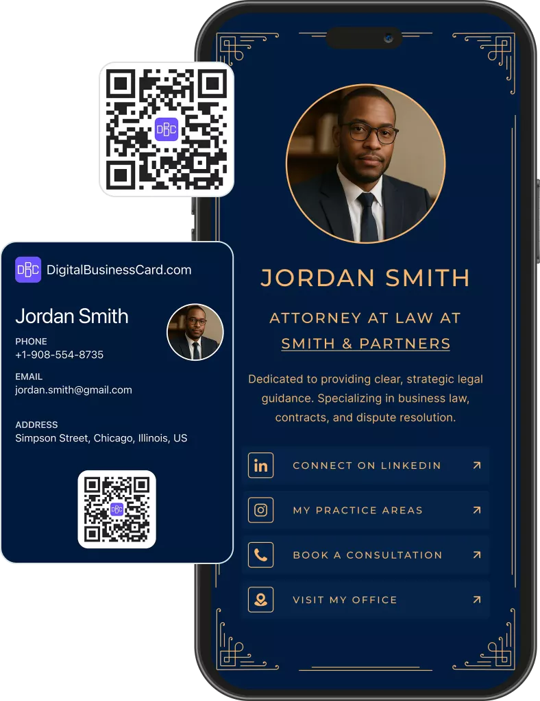 Digital business card preview for law office with practice areas and contact form