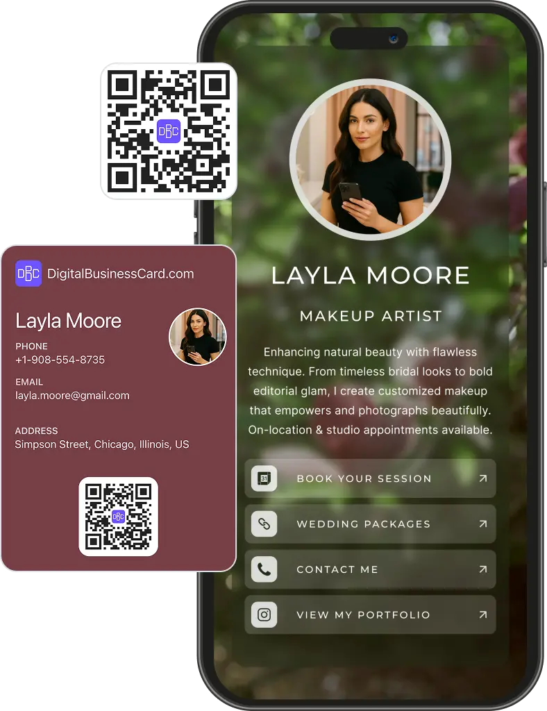 Digital business card for makeup artist Layla Moore with links to book session, wedding packages, contacts and portfolio