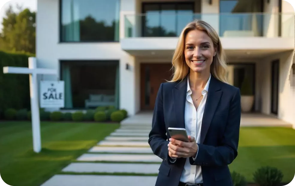 Smiling realtor using digital business card app while selling house