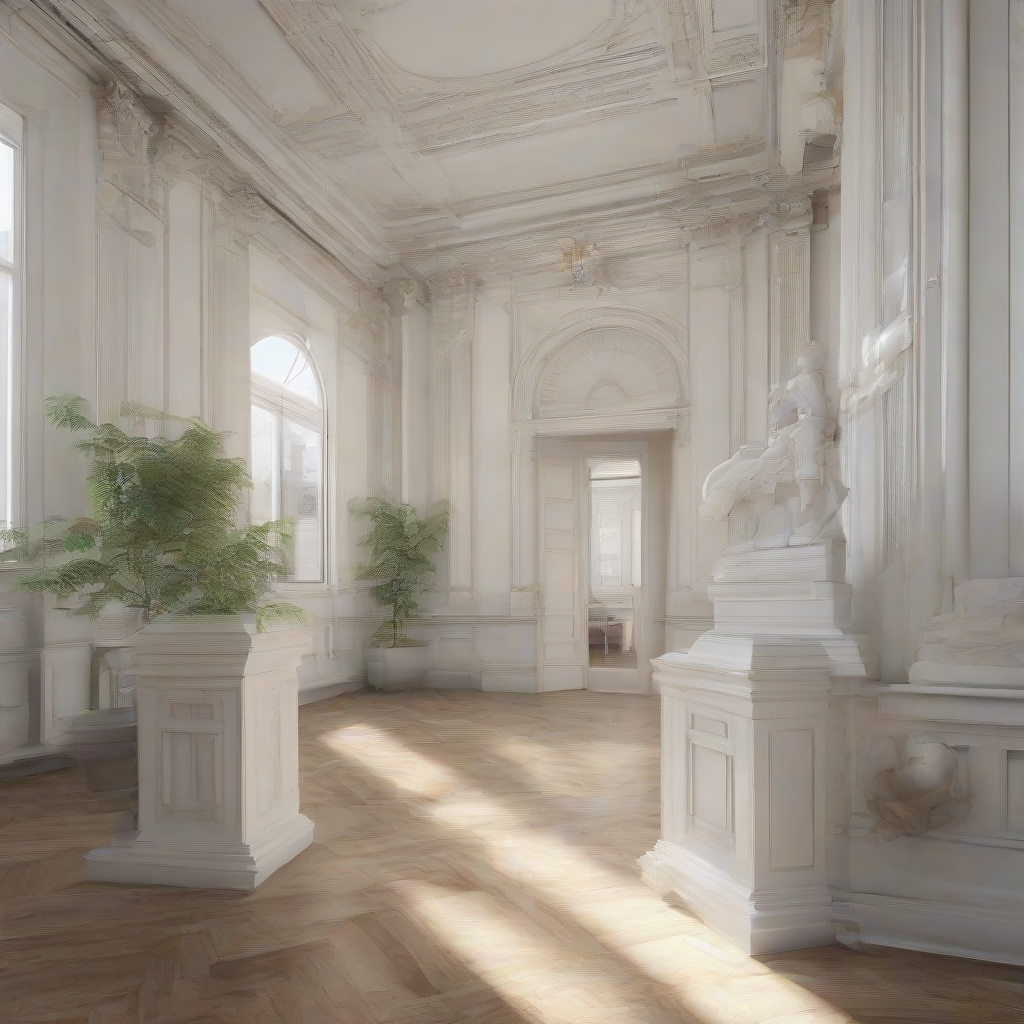 The image depicts a neoclassical building from inside