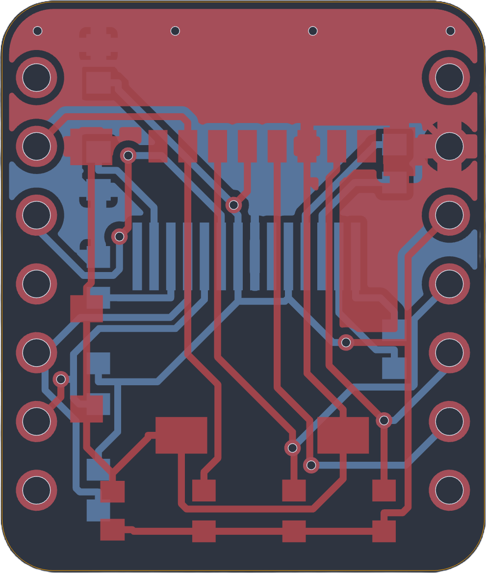 The red traces connect the microSD card reader to the pins. The blue traces connect a screen mounted on the other side of the PCB to the pins