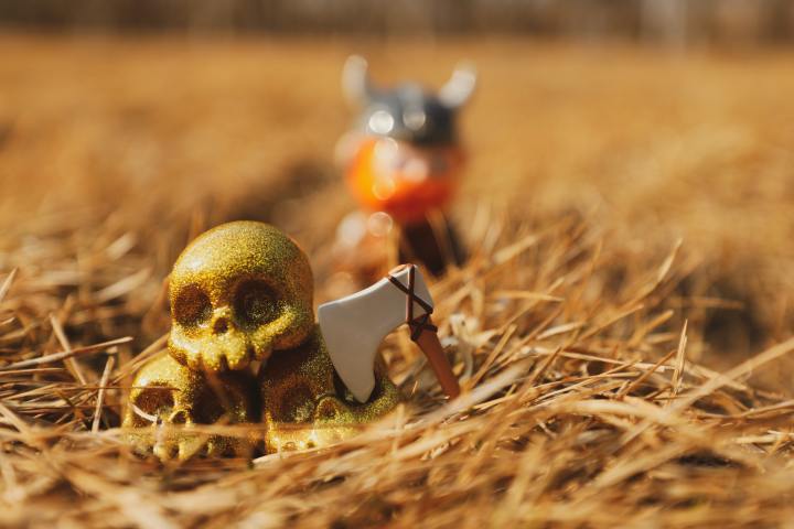 Toy skulls with a toy axe and and out of focus viking in the background