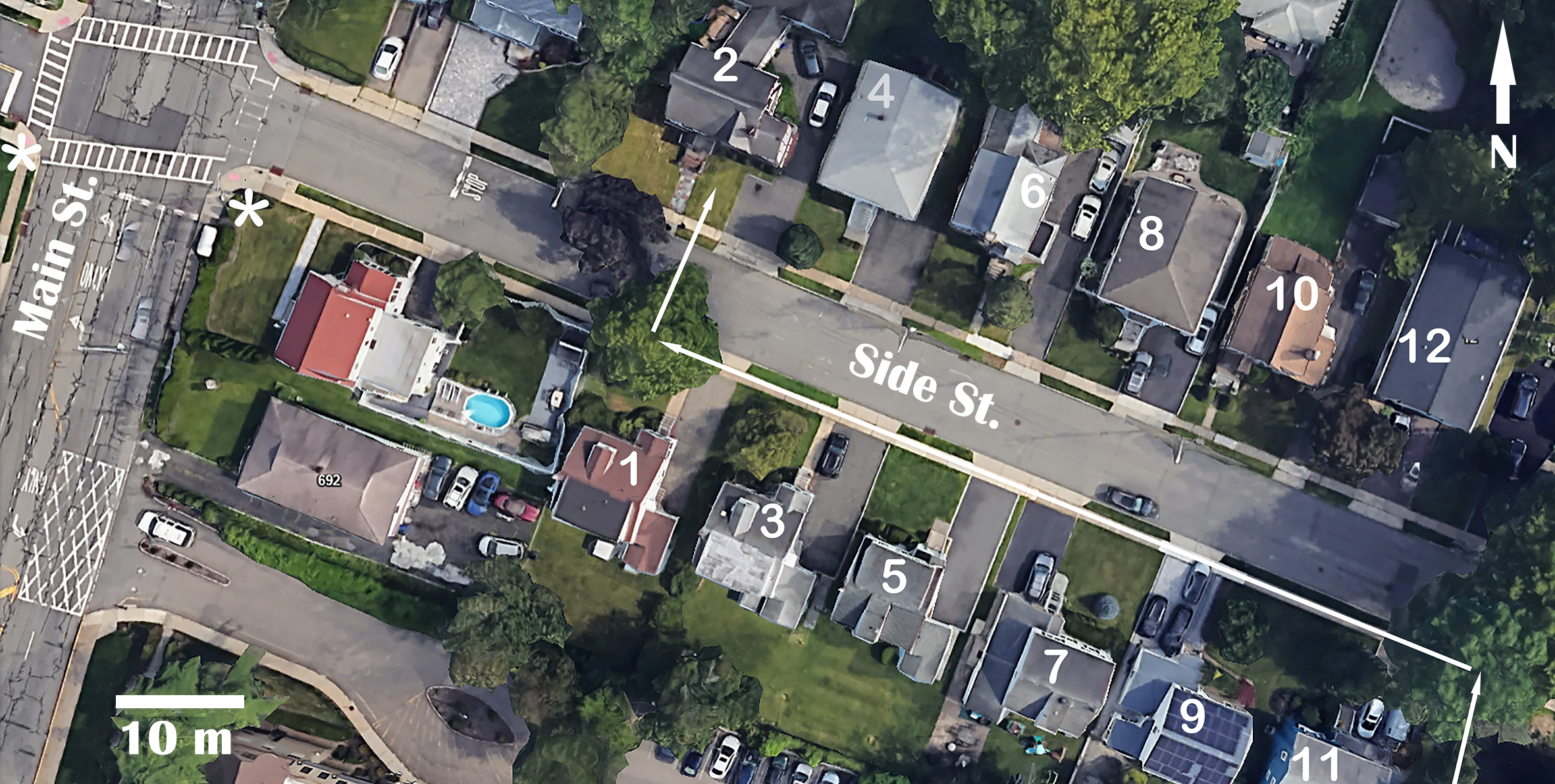 The study area. The route used by the hawk to attack a flock of birds feeding in front of house #2 is shown with white arrows. The hawk appeared in the tree in front of house #11 as soon as sound signals at the streetlight at the intersection (marked with white asterisks) indicated that red light will be longer than usual, and attacked when the queue of cars reached house #8, making it possible for the hawk to move to the tree in front of house #1 without being visible to potential prey. Credit: Dinets, 2025.